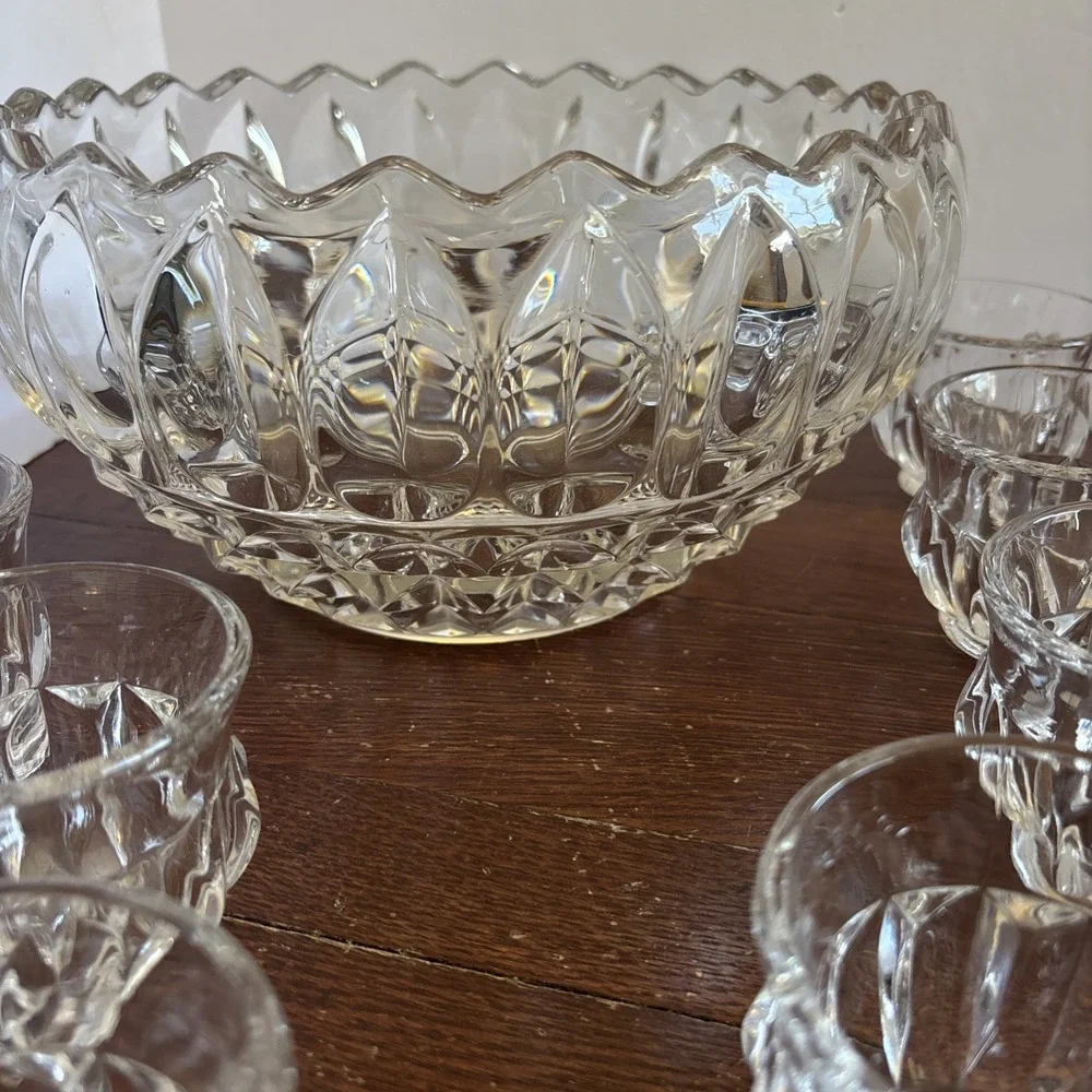 Vintage Set Punch Bowl With 12 Cups Indiana Glass‎ Lotus Blossom Heavy Cut